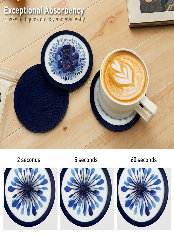 LIBERATECH Indigo Floral Non-Slip Silicone Coasters, 4-Pack Double-Sided Absorbent Cup Mats for Hot & Cold Drinks, Scratch & Water Ring Protection for Wood Tables, Home Office Bar Use - Image 2